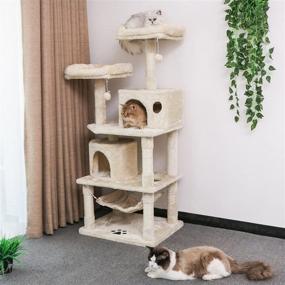 img 3 attached to BEWISHOME Cat Tree With Sisal Scratching Posts, 2 Condos, Plush Perches, Jingly Balls And Hammock, Cat Condo Tower Furniture Kitty Kitten Activity Center Pet Play House Beige MMJ01M