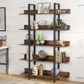 img 4 attached to Tribesigns 5 Tiers Bookcase, 5-Shelf Industrial Style Etagere Bookcases And Book Shelves, Metal And Wood Free Vintage Bookshelf With Back Fence, Rustic Brown