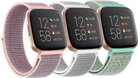 img 4 attached to 📱 Soft and Breathable Nylon Bands for Fitbit Versa Smart Watch - 3 Pack (Pink Sand/Seashell/Marine Green)