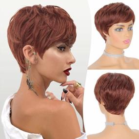 img 4 attached to Auburn Pixie Cut Synthetic Wig With Bangs For Women - Layered, Wavy, Perfect For Daily Wear And Cosplay - FESHFEN