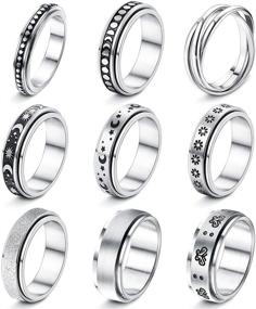 img 4 attached to 🔗 Helicopchain 4-9Pcs Stainless Steel Anxiety Rings Hypoallergenic Men Women Relieve Stress Fidget Band Spinner Ring Moon Star Sand Blast Finish Size 5-14