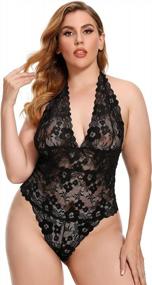 img 1 attached to Plus Size Lace Teddy Sleepwear, Halter Plunging One-Piece Lingerie