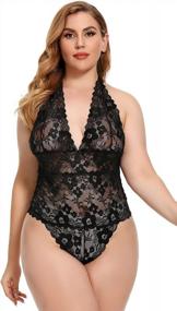 img 3 attached to Plus Size Lace Teddy Sleepwear, Halter Plunging One-Piece Lingerie