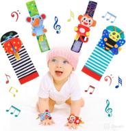 developmental baby socks toys: soft animal rattles for newborns & toddlers - wrist rattle and foot finder set, boy/girl 0-12 months logo