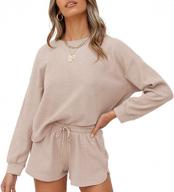 women's waffle knit pajama set with long sleeve top and shorts - zesica lounge wear with pockets logo