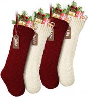 libwys knit christmas stockings with name tags, 4 pack 18" large cable xmas stockings classic burgundy red ivory white chunky hand stockings logo