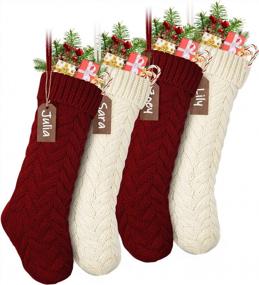 img 4 attached to LIBWYS Knit Christmas Stockings With Name Tags, 4 Pack 18" Large Cable Xmas Stockings Classic Burgundy Red Ivory White Chunky Hand Stockings