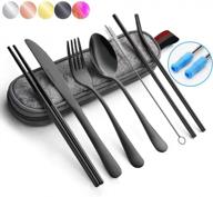 🍴 portable black travel flatware set with case - stainless steel silverware tableware set, includes knife, fork, spoon, and straw logo