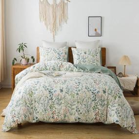 img 1 attached to Floral Garden Style Queen Size Duvet Cover Set - 100% Ultra Soft Cotton Bedding With Zipper Closure, Green Floral Design - Includes 3 Pieces