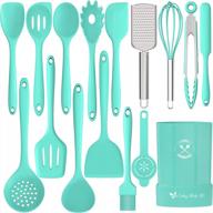 deedro 16-piece heat resistant silicone kitchen utensils set with holder - nonstick spatula cooking & baking gadgets, green logo