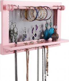 img 4 attached to Caroeas Pink Wooden Wall Mounted Jewelry Organizer With Detachable Bracelet Rod And Silver Hooks For Necklaces, Earrings, Keys, And Accessories - Enhance Your Storage And Style