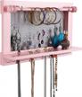 caroeas pink wooden wall mounted jewelry organizer with detachable bracelet rod and silver hooks for necklaces, earrings, keys, and accessories - enhance your storage and style logo