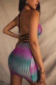 img 3 attached to Velius Women'S Sexy Halter Lace Up Backless Colorful Stripe Party Bodycon Mini Dress