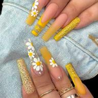 24pcs fake nails acrylic french gold glitter white flower yellow daisy press on long luxurious flowers exquisite design women girls logo