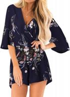 flirty and fun: women's floral print short jumpsuit with v neck and short sleeves logo