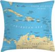 decorative pillow cover with caribbean map in blue and cream, featuring capitals, national borders, cities, rivers, and lakes - 16"x16" square accent case by ambesonne wanderlust logo