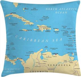 img 1 attached to Декоративная наволочка для подушки с картой Карибского моря в сине-кремовых тонах со столицами, национальными границами, городами, реками и озерами — футляр с квадратным акцентом 16"X16" от Ambesonne Wanderlust