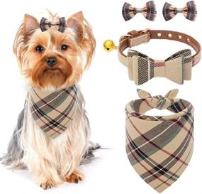 img 4 attached to Stylish Plaid Bow Tie Dog Collar with Bell - Unique Triangle Bibs Scarf by PUPTECK