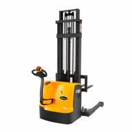 apollolift fully powered drive and lift electric stacker with straddle legs 3300 lbs capacity 118“ lift height, adjustable forks material lift logo