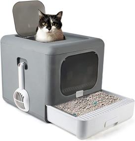 img 4 attached to 🐾 Fhiny Foldable Cat Litter Box with Lid – Enclosed Drawer Kitty Litter Pan with Front and Top Entry Door – Cat Potty with Plastic Scoop – Anti-Splashing – Odorless and Easy to Clean