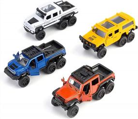 img 4 attached to 4 Pack Diecast Toy Trucks - Pull Back Cars, Openable Doors & Off-Road Car Toys For Boys And Toddlers | KIDAMI Birthday Gift!