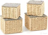 set of 4 beige & gray paper rope lidded storage baskets - stackable woven braided organizer bins for small household items logo