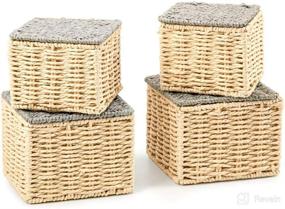 img 4 attached to Set of 4 Beige & Gray Paper Rope Lidded Storage Baskets - Stackable Woven Braided Organizer Bins for Small Household Items