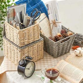 img 2 attached to Set of 4 Beige & Gray Paper Rope Lidded Storage Baskets - Stackable Woven Braided Organizer Bins for Small Household Items