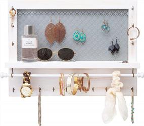 img 4 attached to Organize Your Jewelry In Style With A Rustic White Wall Mounted Organizer Featuring A Shelf, Bracelet Rod And 16 Antique Brass Hooks - 17 X 12.75 Inch