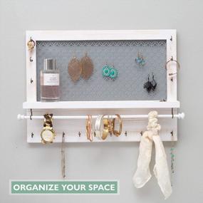 img 1 attached to Organize Your Jewelry In Style With A Rustic White Wall Mounted Organizer Featuring A Shelf, Bracelet Rod And 16 Antique Brass Hooks - 17 X 12.75 Inch