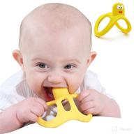 🦆 mombella silicone baby teething toy - 3m+ sucking to biting needs - teething pain & itch relief - two handle baby teether toy - 3m, 6m, 8m infants - yellow duck logo