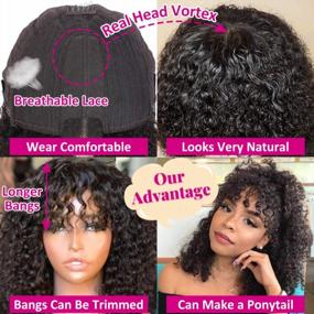 img 2 attached to Pizazz 9A Кудрявые вьющиеся парики из человеческих волос с челкой для чернокожих женщин Плотность 150% Glueless Machine Made Half Lace Front Wigs Natural Color (16 '', Curly Wig)