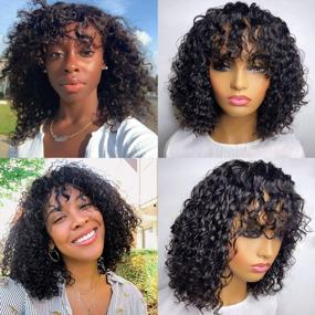 img 3 attached to Pizazz 9A Кудрявые вьющиеся парики из человеческих волос с челкой для чернокожих женщин Плотность 150% Glueless Machine Made Half Lace Front Wigs Natural Color (16 '', Curly Wig)