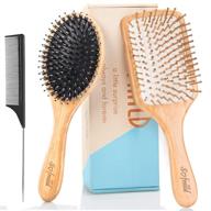boar bristle hairbrush set for women men kids - 3 pcs wooden paddle brush & tail combs, reducing frizz on long thick thin curly natural hair gift care package логотип