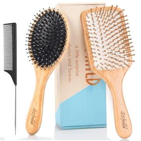 img 4 attached to Boar Bristle Hairbrush Set For Women Men Kids - 3 Pcs Wooden Paddle Brush & Tail Combs, Reducing Frizz On Long Thick Thin Curly Natural Hair Gift Care Package