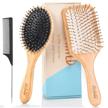 boar bristle hairbrush set for women men kids - 3 pcs wooden paddle brush & tail combs, reducing frizz on long thick thin curly natural hair gift care package logo
