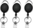 3 pack jikiou retractable badge reels with carabiner clip for id badge holders and keychains - black logo