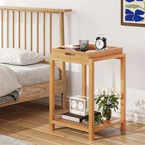 img 2 attached to Приставной столик VIAGDO: бамбуковый приставной столик со съемным подносом, деревянной тумбочкой и полкой для хранения для гостиной, спальни - простая сборка!