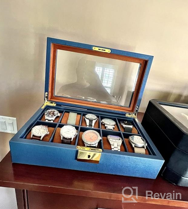 img 1 attached to ROTHWELL 10 Slot Leather Watch Box - Luxury Watch Case Display Jewelry Organizer - Locking Watch Display Case Holder With Large Glass Top - Watch Box Organizer For Men And Women (Blue/Tan) review by Aaron Long