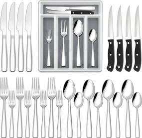 img 4 attached to 18/10 Stainless Steel Silverware Set For 6 With Steak Knives And Drawer Organizer, LIANYU 36-Piece Flatware Cutlery Eating Utensils Service, Mirror Polished