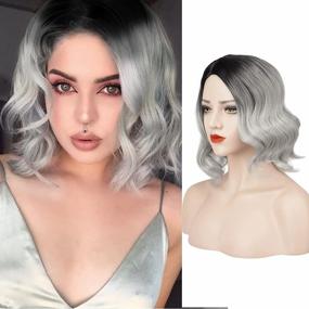 img 4 attached to 14 Inch Short Ombre Curly Wavy Synthetic Bob Grey Pastel Wig - Natural Looking Cosplay Costume For Women & Girls