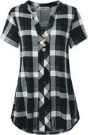 plaid checkered blouse top with notch neck and short sleeves for women by moqivgi логотип