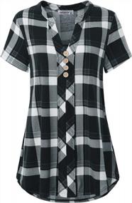 img 4 attached to Plaid Checkered Blouse Top With Notch Neck And Short Sleeves For Women By MOQIVGI