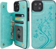 embossed butterfly pu leather wallet case for iphone 14 plus - magnetic car mount compatible, shockproof flip cover with card holder and double buttons - 6.7 inch (green) logo