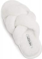 soft and cozy women's plush slippers with memory foam, open toe, cross band fur, ideal for indoor and outdoor use, beige, size 5~6 logo