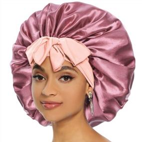 img 4 attached to Women'S Jumbo Silk Satin Bonnet For Curly Hair, Black Women'S Braids And Sleeping With Stretchy Tie Band