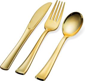 img 3 attached to 🥇 Premium 300-Piece Gold Plastic Silverware Set for Parties - Disposable Gold Cutlery Set - Includes 100 Forks, 100 Spoons, 100 Heavy Duty Knives - Elegant Gold Flatware Bulk