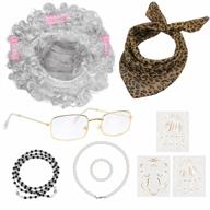 aodaer 9 pieces 100th day of school granny wig costume set old lady wig glasses faux pearl necklace bracelet kerchief logo