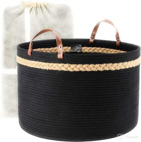 img 4 attached to Eco-friendly Storage Solutions: Black Rope Basket for BoHo Decor, Blanket & Toy Storage with Real Leather Handles, Tidy Organizer for Living Room & Laundry