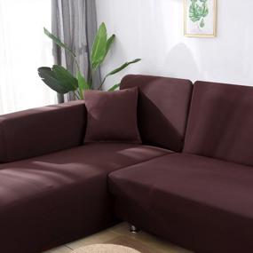 img 2 attached to Универсальный чехол для дивана из эластичной ткани в чистом коричневом цвете, набор из 2 предметов с подарочной наволочкой, подходит для дивана L-Style 3 + 3, протектор для мебели